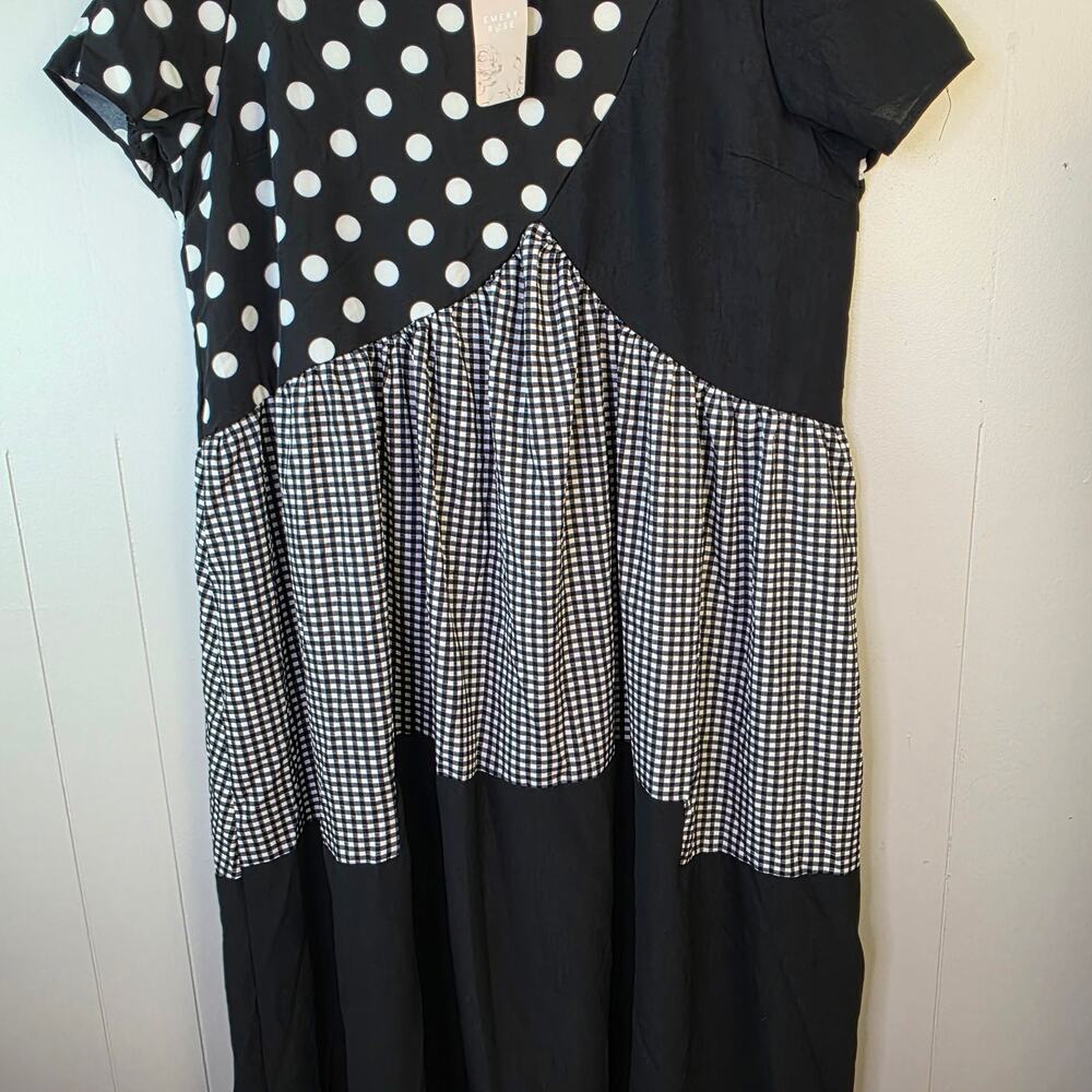 New Emery Rose Maxi Dress 1XL Plus Black White Polka Dot Gingham Patchwork Artsy - Picture 9 of 11